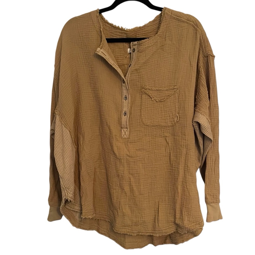 We the Free Gauze Waffle Knit Henley Oversized Long Sleeve Top Tan Women’s XS